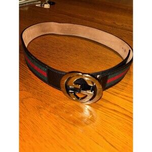 Gucci Red And Green Belt Designer Luxury Authentic Size 90 CM Leather And Canvas